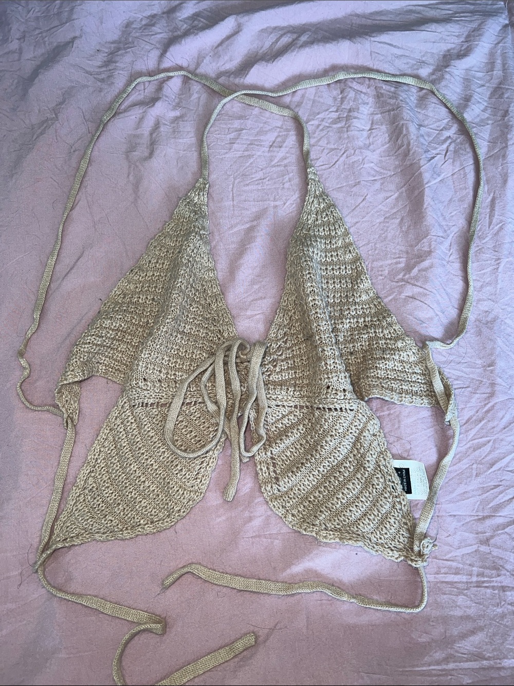 SHEIN Beige Crochet Tie-Front Halter Bandeau